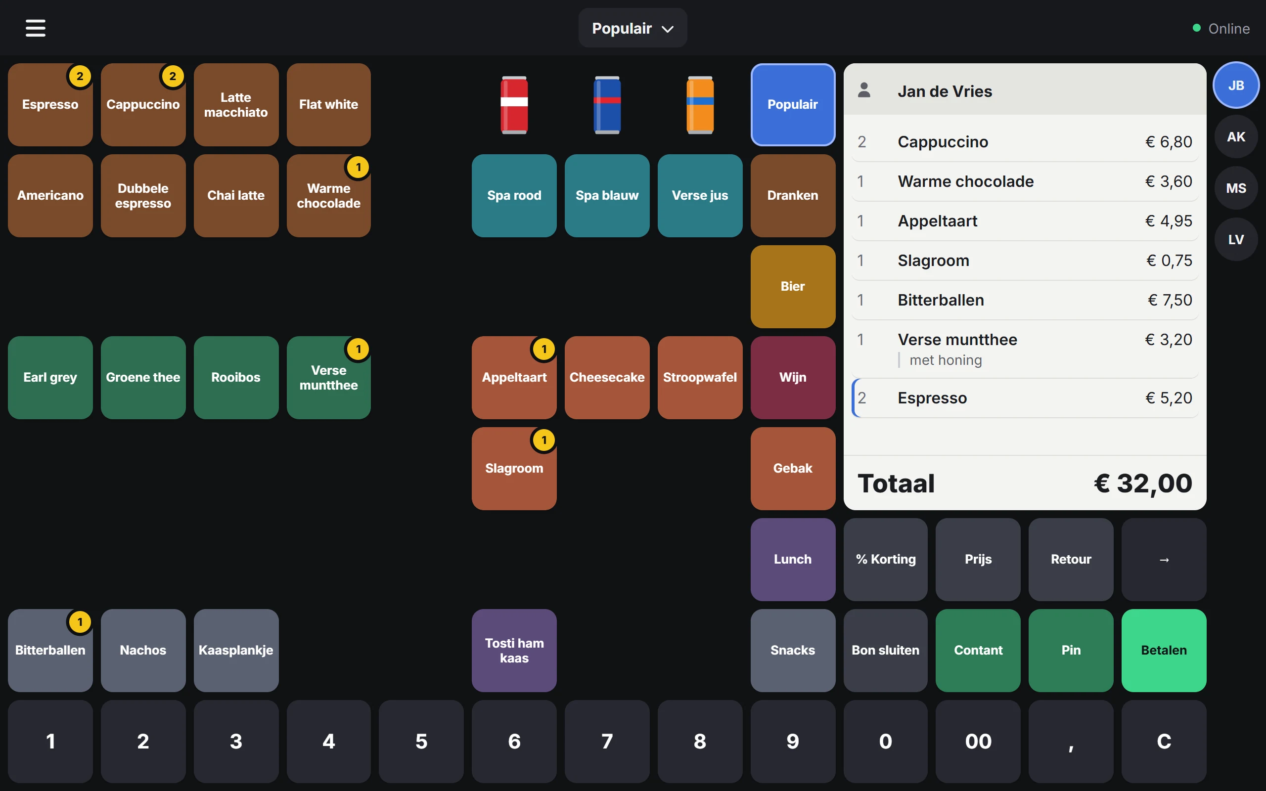 De Picassa kassa op een tablet: productknoppen links, de bon rechts
